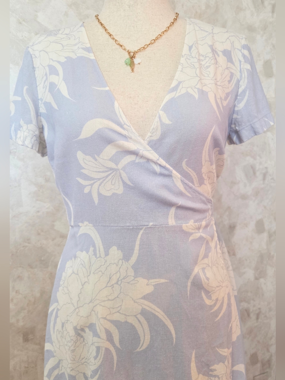Babaton Aritzia Linen Blend Wrap Dress Blue Floral Tie Waist Midi M